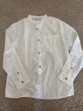 H&M Boys White Linen Band-Collar Button Up Shirt
